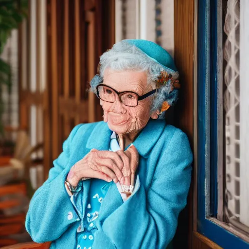 Prompt: Polaroid Medium Shot portrait of a very well-dressed old lady in a balcony of a blue hotel, photo made by Wes Anderson award winning, 4K