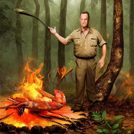 Prompt: Tom Hanks as forrest raosting a giant shrimp over a campfire in the jungle, realistic digital painting, in the style of Aleksi Briclot, photoreailstic, realistic face, amazing detail, sharp