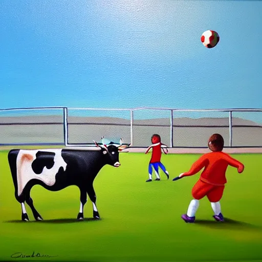 Image similar to painting of soccer game played by cows