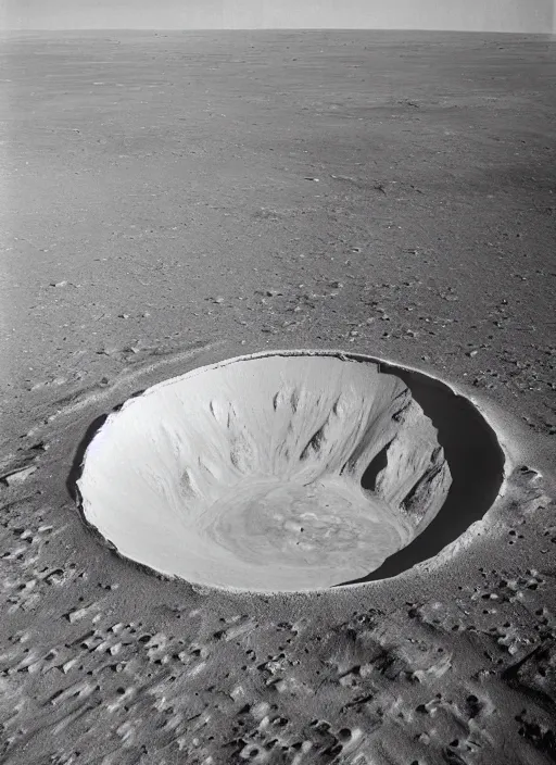 Prompt: a large crater in the middle of a desert, a photo by chesley bonestell, pinterest, superflat, associated press, national geographic