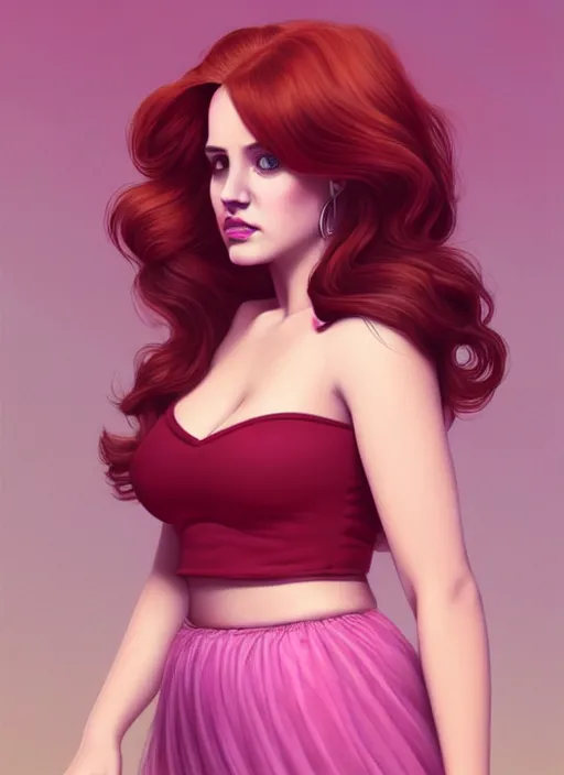 Image similar to full body portrait of teenage cheryl blossom, chubby, bangs, green eyes, sultry expression, red hair, sultry smirk, bangs and wavy hair, pink skirt, fat, intricate, elegant, glowing lights, highly detailed, digital painting, artstation, concept art, smooth, sharp focus, illustration, art by wlop, mars ravelo and greg rutkowski