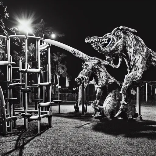 Prompt: nightmare beasts at a playground at night, photograph