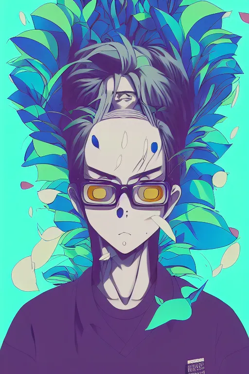 Prompt: abstract portrait, 9 0 s anime art, floating detailes, very detailed face, leaves by miyazaki, colorful palette illustration, kenneth blom, mental alchemy, james jean, pablo amaringo, naudline pierre, contemporary art, hyper detailed