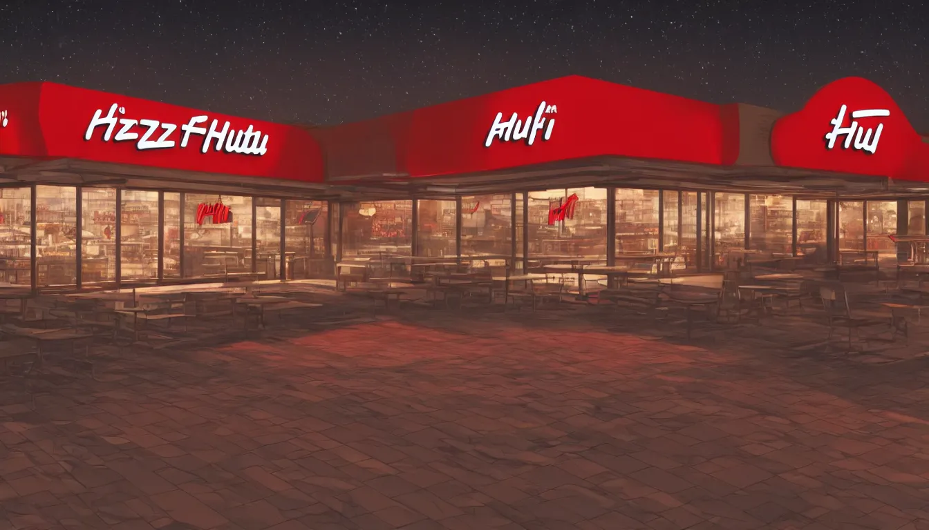 Prompt: futuristic Pizza Hut at night, photorealistic, cinematic