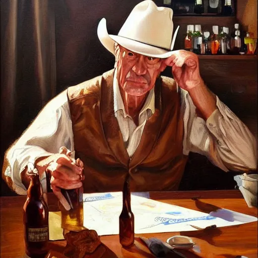 Prompt: modern oil painting portrait of old wrinkled gunslinger at table with bottle in western saloon, masterpiece, realistic and detailed, artstation, interesting lightning