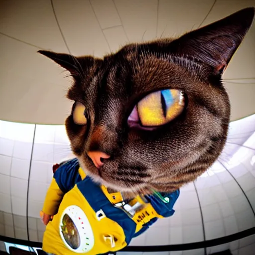 Prompt: a completely brown haired cat wearing a space suit taking a selfie, fisheye lens