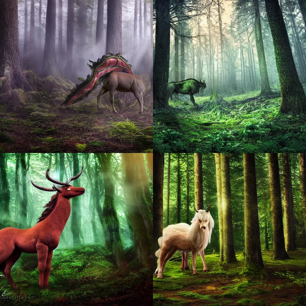 Prompt: Professional Photography Of A Mythical Beast In A Forest, 4K, Photorealistic, Extremely Detailed