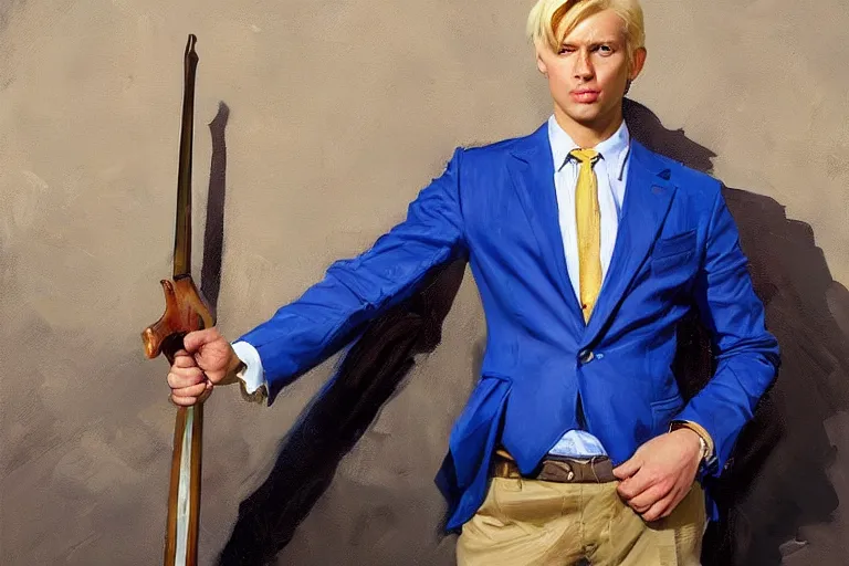 Image similar to greg manchess portrait painting of a blond man in a blue suit with a sword and a pistol, asymmetrical, profile picture, organic painting, sunny day, matte painting, bold shapes, hard edges, street art, trending on artstation, by huang guangjian, gil elvgren, ruan jia, randy vargas, greg rutkowski