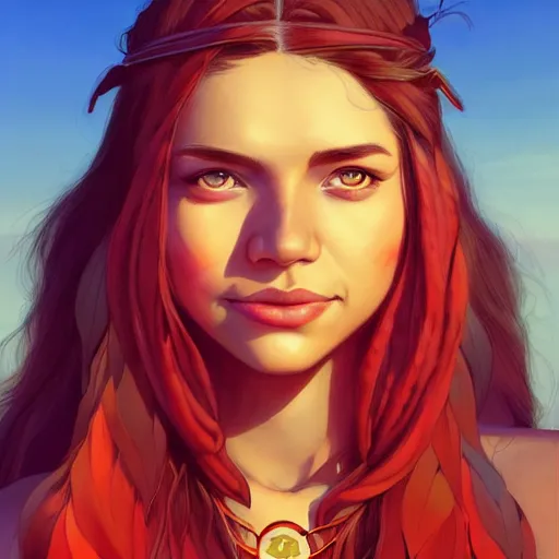 Image similar to in the style of artgerm and Andreas Rocha and Joshua Middleton, beautiful Native American young woman with long hair and red paint strip across eyes, smile on face, Symmetrical eyes symmetrical face, bead necklace, scenic prairie in background sunrise, natural lighting, warm colors