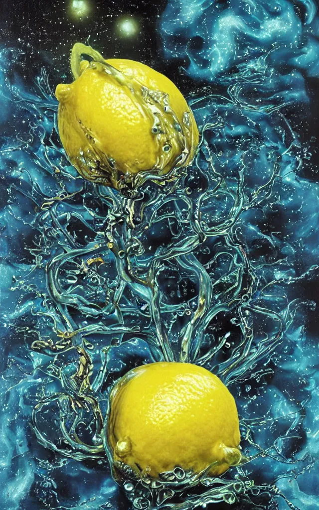 Image similar to a lemon crushed surrounded by giant airbrushed hallucigenia glimmering and drips of water, black background, airbrush fantasy 80s, masterpiece