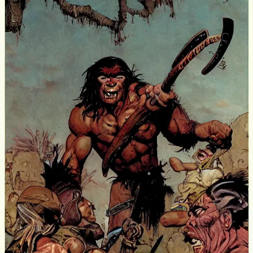 Prompt: goat man barbarian, ultra detailed, style of norman rockwell, style of richard corben, 4 k, rule of thirds.