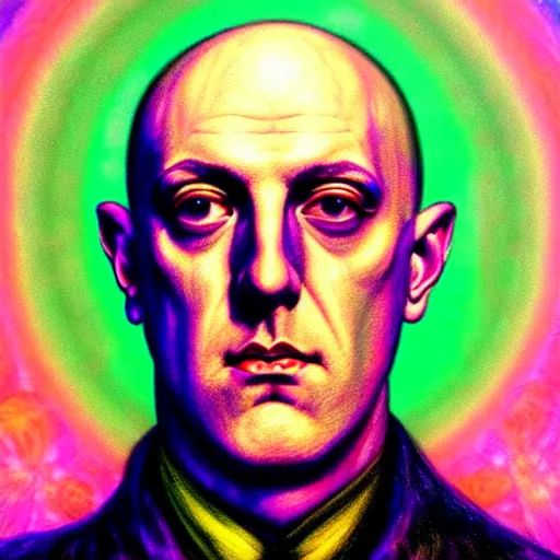 Prompt: An extremely psychedelic portrait of AleisterCrowley, surreal, LSD, face, detailed, intricate, elegant, lithe, highly detailed, digital painting, artstation, concept art, magical, magic, magick, Occult, smooth, sharp focus, illustration