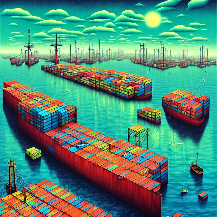 Image similar to surreal glimpse into other universe, a shipping seaport, summer morning, very coherent and colorful high contrast, art by!!!! gediminas pranckevicius!!!!, geof darrow, floralpunk screen printing woodblock, dark shadows, hard lighting, stipple brush technique,