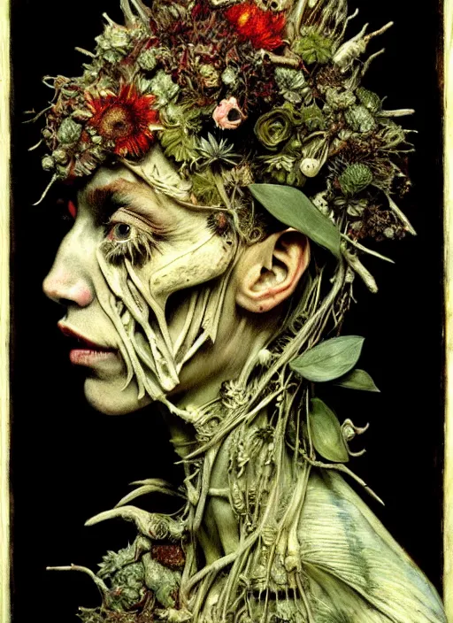 Image similar to beautiful and detailed rotten woman made of plants and many different types of flowers, muscles, intricate, organs, ornate, surreal, john constable, guy denning, dan hillier, manera, van gogh, caravaggio