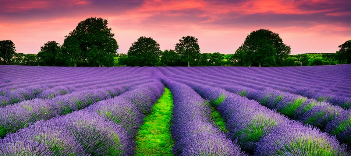 Prompt: beautiful lavender field, clean lines leading away from viewer to tree on horizon,! single tree! on horizon in center, desaturated colors, ultra wide angle, sunset, dramatic sky, by charlie waite