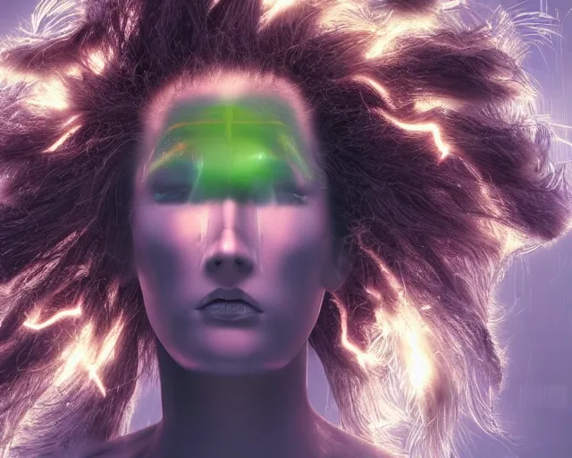 Image similar to glowing hair, complex cybernetic beings, beautiful hairy humanoids, cybermagnetosphere, cybernetic civilizations, ornate hair, love, joy, vortexes, large arrays, data holograms, 8 k, cinematic light shadows, wet hdr refractions, *, * * *, * * * * *