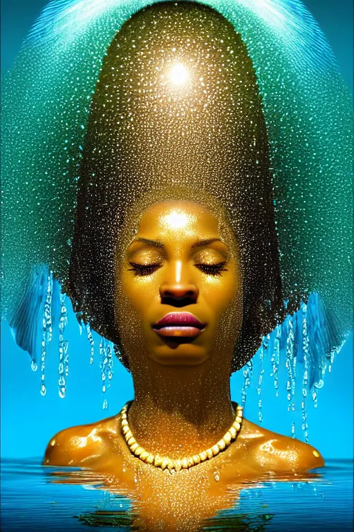 Image similar to hyperrealistic precisionist cinematic super expressive! oshun goddess immersed in water!, mirror dripping droplet, gold ornate jewely, highly detailed face, digital art masterpiece, smooth eric zener cam de leon, dramatic pearlescent turquoise light on one side, low angle uhd 8 k, shallow depth of field