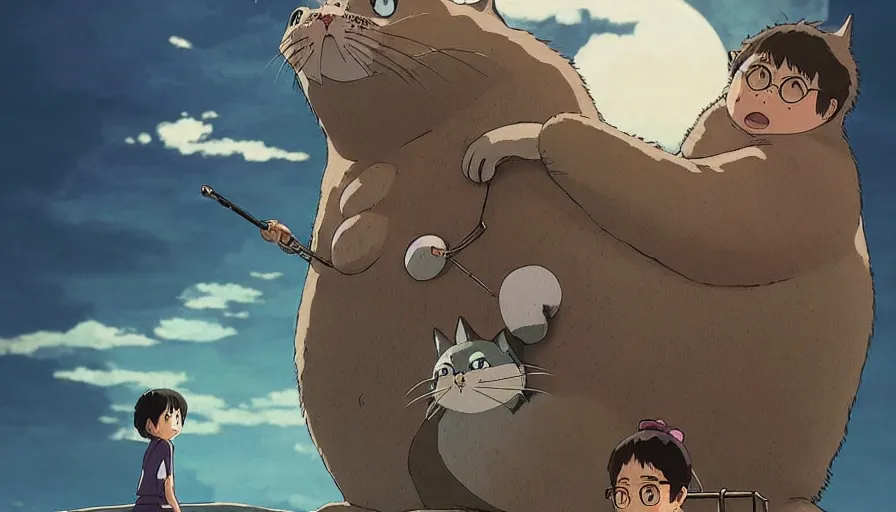 Image similar to the last fat catrider, comedy, graphic art, rgba, 8 k hd resolution, pinterest, dynamic character, 8 k character details, concept art, 8 k ultra realistic, intricate details, ultra detailed, reduce character duplication, in style of hayao miyazaki, by studio ghibli