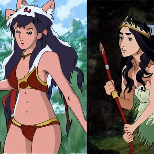 Image similar to megan fox as princess mononoke, comparison between live action and studio ghibli art