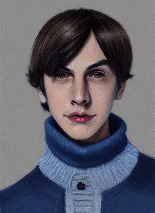 Image similar to portrait of teenage jughead jones wearing a light grey crown, crown, blue turtleneck, 1 9 5 0 s, closed eyes, photorealistic, black hair, glowing lighting, intricate, elegant, glowing lights, highly detailed, digital painting, artstation, concept art, smooth, sharp focus, illustration, art by wlop, mars ravelo and greg rutkowski