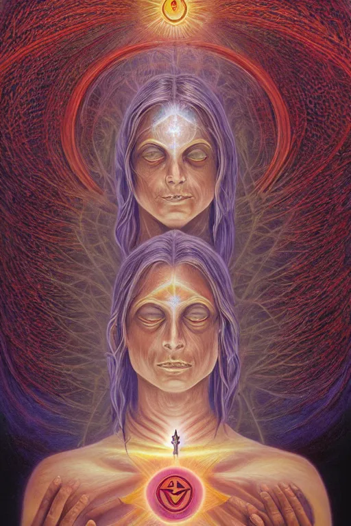 Prompt: transcendental meditation dark ritual rite stigmata cult woman, opening third eye, chakra energy waves resonating from her body, ethereal aura, epic surrealism 8k oil painting, portrait, perspective, high definition, post modernist layering, by Raymond Swanland, Barclay Shaw, Alex Grey