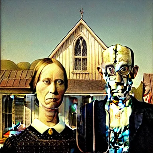 Prompt: “A couple of grim farmer robots in the style of American Gothic, 1930 painting by Grant Wood, Royal Academy of Arts”