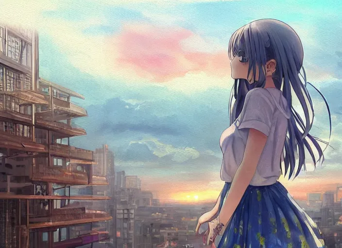 Image similar to anime girl in skirt looking out the window at megopolois and sunset, dynamic composition, motion, ultra-detailed, incredibly detailed, a lot of details, amazing fine details and brush strokes, colorful and grayish palette, smooth, HD semirealistic anime CG concept art digital painting, watercolor oil painting of Clean and detailed post-cyberpunk sci-fi close-up schoolgirl in asian city in style of cytus and deemo, blue flame, relaxing, calm and mysterious vibes,, by a Chinese artist at ArtStation, by Huang Guangjian, Fenghua Zhong, Ruan Jia, Xin Jin and Wei Chang. Realistic artwork of a Chinese videogame, gradients, gentle an harmonic grayish colors. set in half-life 2, Matrix, GITS, Blade Runner, Neotokyo Source, Syndicate(2012), dynamic composition, beautiful with eerie vibes, very inspirational, very stylish, with gradients, surrealistic, dystopia, postapocalyptic vibes, depth of field, mist, rich cinematic atmosphere, perfect digital art, mystical journey in strange world