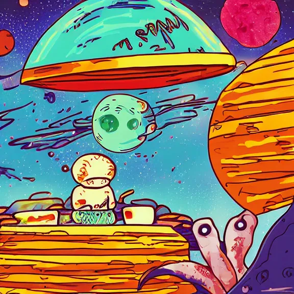 Prompt: a ramen foodcart on an asteroid at the end of the universe, aliens sitting on stools eating, cosmic and colorful, deep colors and bold strokes, digital drawing