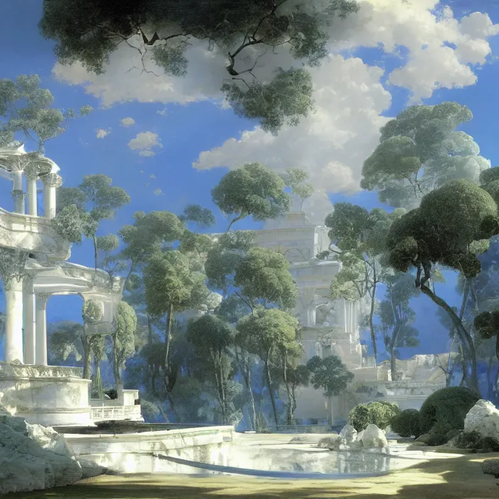 Prompt: gardens of marble draped in flowing sheets of cobalt blue satin and silver satin, by syd mead and ivan aivazovsky and alma tadema and pieter claesz and moebius and roger dean and august malmstrom and thomas cole and adolf hiremy hirschl, hyperrealistic, volumetric light, octane render
