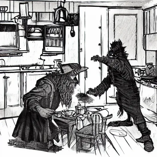 Image similar to british magical hobo breaks into some ork's kitchen and attacks them, 4 k, detailed, real life photo