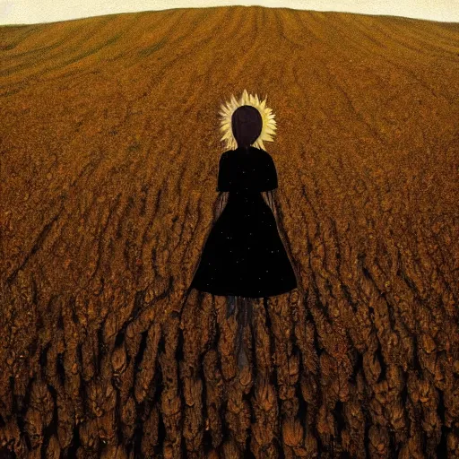 Prompt: giant black sunflower face, girl walking in wheat field, hills, surreal photography, dark night, star trails, dramatic light, impressionist painting, clouds, digital painting, artstation, simon stalenhag