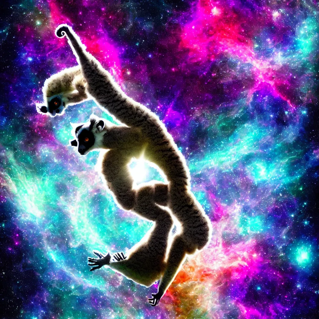 Image similar to lemur in inspiring yoga pose in cosmic space with nebula and stars, breathtaking abstract digital art, award winning