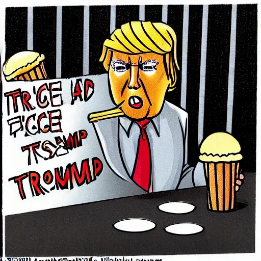 Image similar to donald trump eating an ice cream in his jail cell with other trump's wearing paper clothing