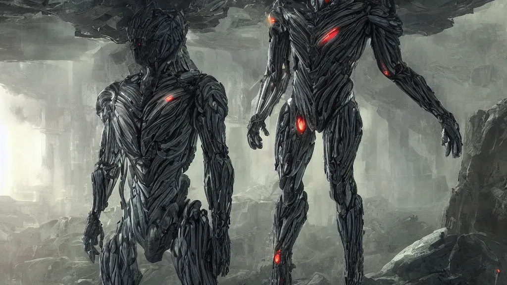 Prompt: a human wearing crysis nanosuit with powerful biological muscle augmentation, head visible, post - apocalyspe settlement with houses, hydroponic farms, cave entrance, at dawn, painted by tsutomu nihei, painted by artgerm and greg rutkowski