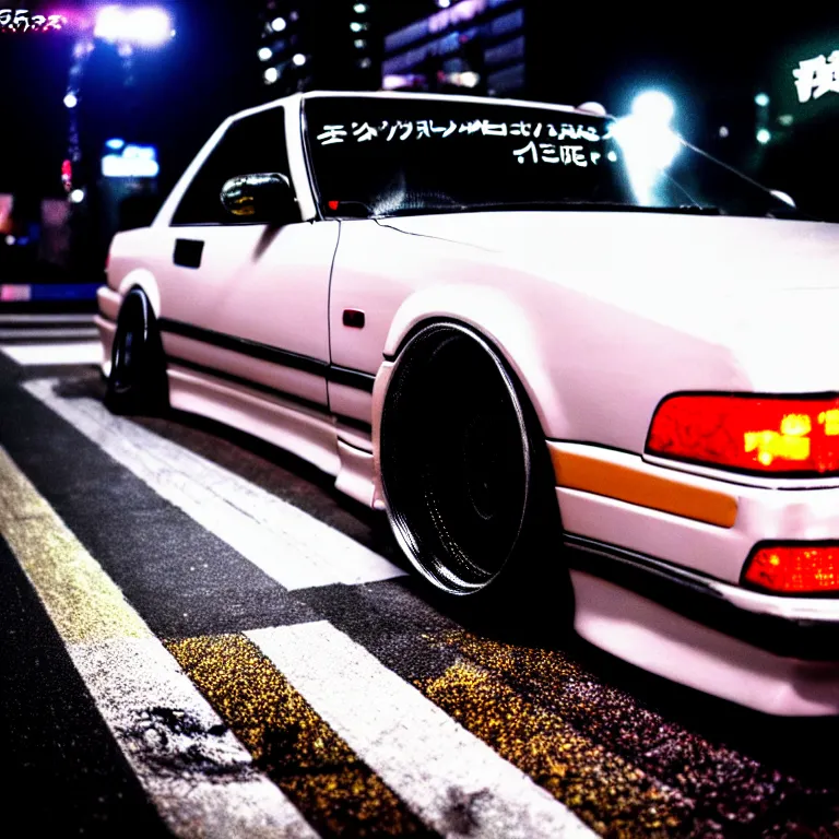 Prompt: close-up-photo JZX100 turbo illegal roadside night meet, work-wheels, Shibuya shibuya, cinematic color, photorealistic, deep dish wheels, highly detailed night photography