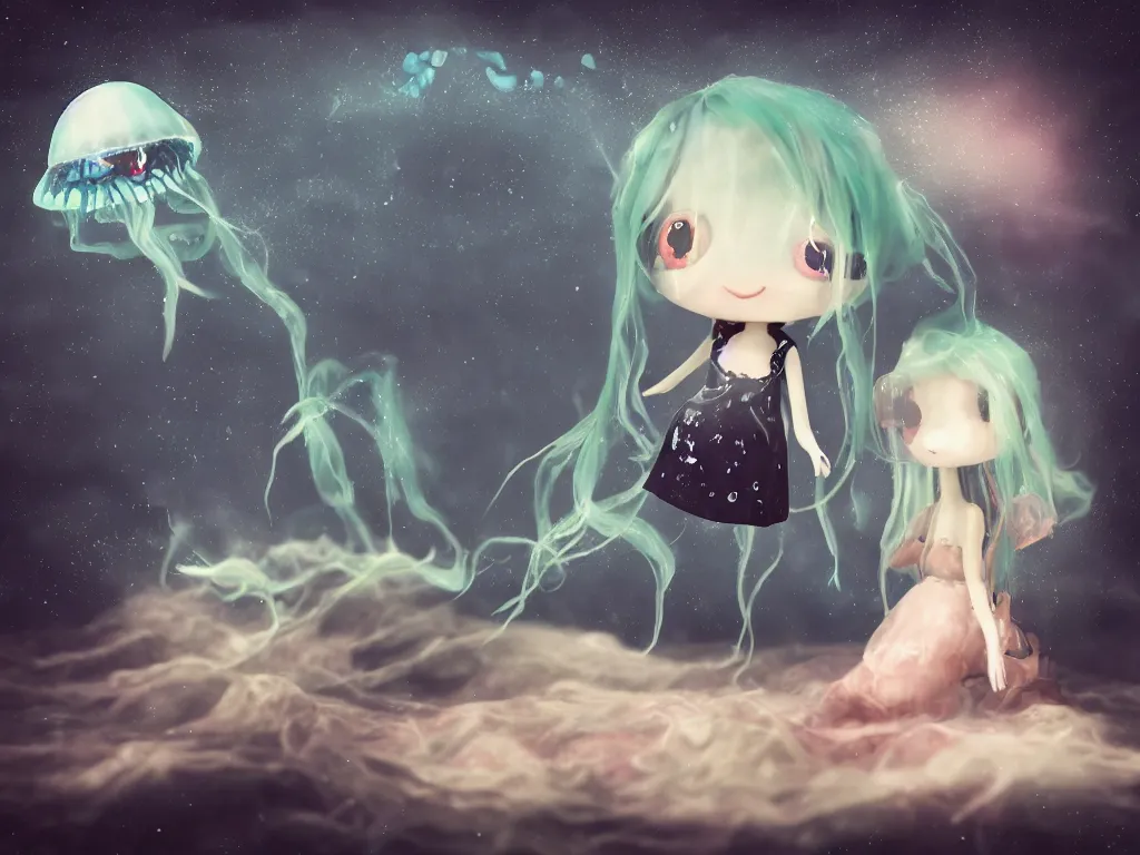Prompt: cute fumo plush gothic jellyfish maiden alien girl swimming in the waves of the dark galactic abyss, tattered ragged gothic dress, ocean waves and reflective splashing water, vignette, vray