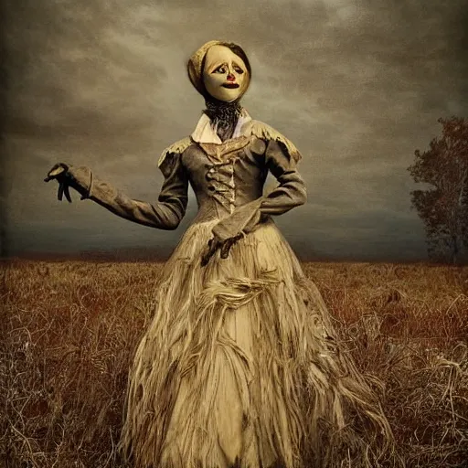 Prompt: female scarecrow hyper realistic, elegant, ornate, elite, horror, creepy, ominous, haunting, cinematic lighting, metal plate photograph, unreal engine, symmetrical, cinematic centered camera, high detail by Isaac Levitan, Frederic Church and Vasily Perov