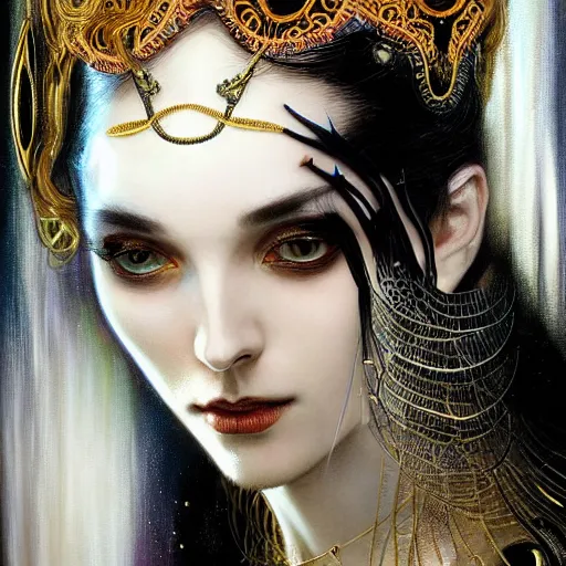 Image similar to extremely psychedelic beautiful cyborg queen of lsd infected by night. intricate, elegant, highly detailed, extremely lifelike photorealistic digital painting, artstation. steichen, gaston bussiere, tom bagshaw, cyberpunk alphonse mucha. elegant minimalism. anatomically correct. sultry rage. sharp focus. gold and black, white accents. lifelike