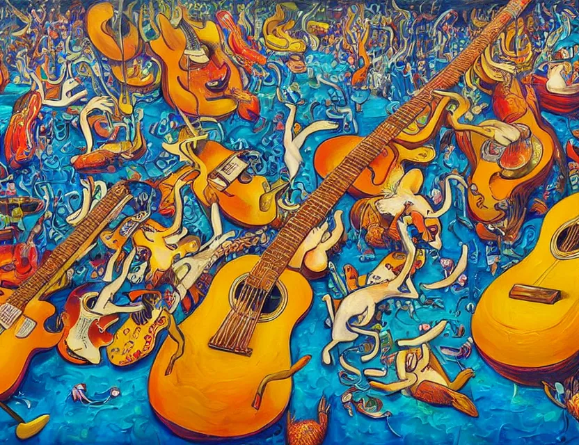 Prompt: a detailed oil painting of a concert by going bananas with guitars while the gold fishes are stoned like a shrimp and smiling cows in the sky in the style of artist James Jean