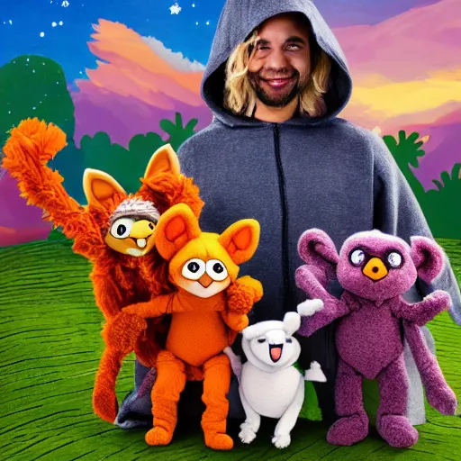 Image similar to a chibi fox muppet druid character wearing a hooded cloak holding a small muppet manatee in one arm and a muppet dinosaur cat in the other arm with a small herd of random muppet animals following behind, sesame street, photograph, photography, ultrarealistic, national geographic