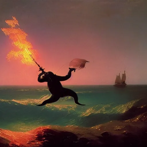 Image similar to Walrus jumping out of the ocean backwards wielding a flamethrower, volumetric lighting, RTX, neon lights, painting by Ivan Aivazovsky