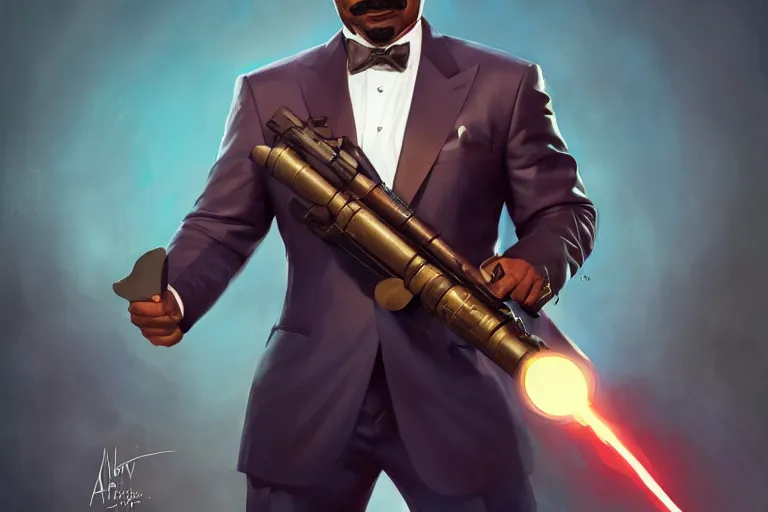 Image similar to portrait of steve harvey with a rocket launcher, family fued set, charlie bowater, artgerm, ilya kuvshinov, krenz cushart, ruan jia, realism, ultra detailed, 8 k resolution