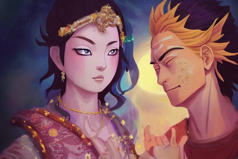 Image similar to a cinematic portrait of wedding photograph jpeg close up moment of a divine a japan sun god and moon goddess lovers magician at a wedding banquet. portraiture. digital painting. artstation. concept art. wedding photo. digital painting. naruto the movie art masterpiece by art by krenz cushart