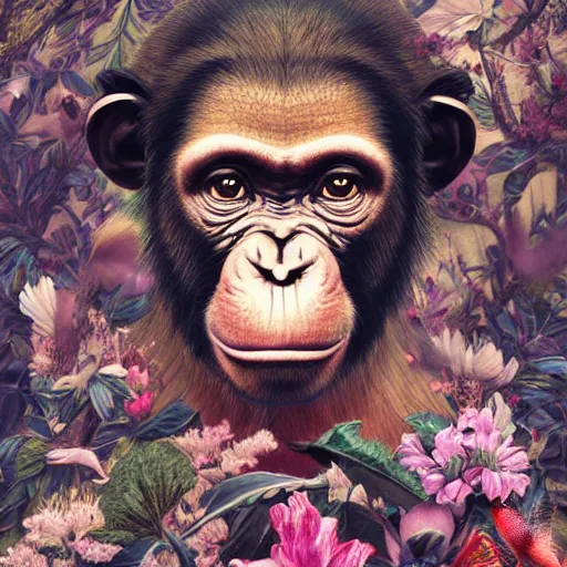 Prompt: beautiful young female chimpanzee surrounded by hummingbirds and fine floral ornaments, eye - level medium - angle shot, intricate, floral background, by esao andrews, by m. w. kaluta, by yoshita amano, intricate, symmetrical, natural lighting, smooth, 3 d octane render, depth perception, 4 k,, artstation