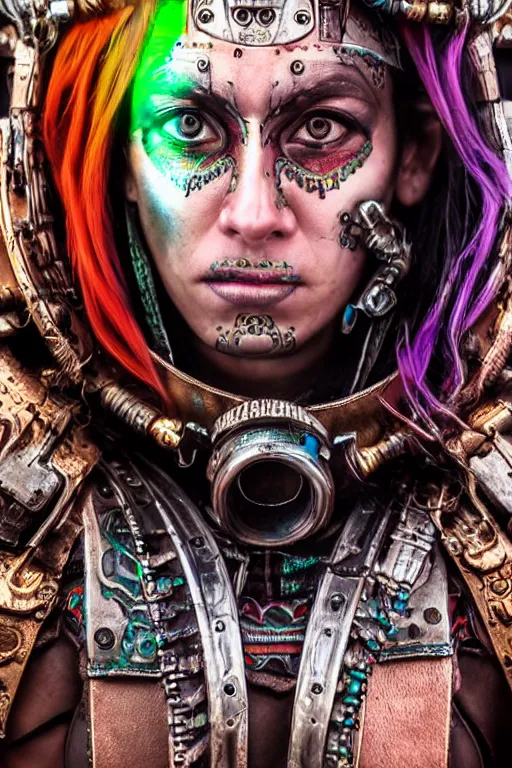 Prompt: portrait photo of female magical aztec warrior as a cyberpunk cyborg head - realistic and detailed, hdr 8 k