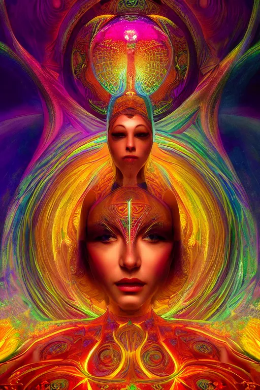 Image similar to a centered render of an alluring goddess wearing a psychedelic mask surrounded by a glorious sacred energy made from geometry and spiral mandel bulb fractals, powerful, cinematic, beautifully lit, by artgerm, by karol bak, 3 d, trending on artstation, octane render, 8 k