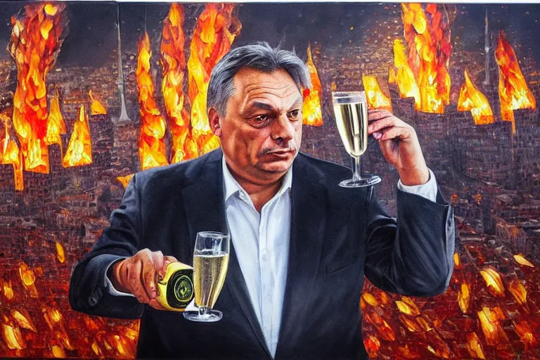 Prompt: viktor orban drinking champagne in front a burning city, highly detailed eyes, oil painting
