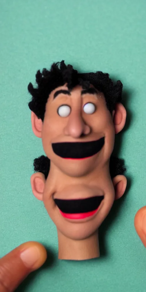 Image similar to claymation character, man with black curly hair and a smile