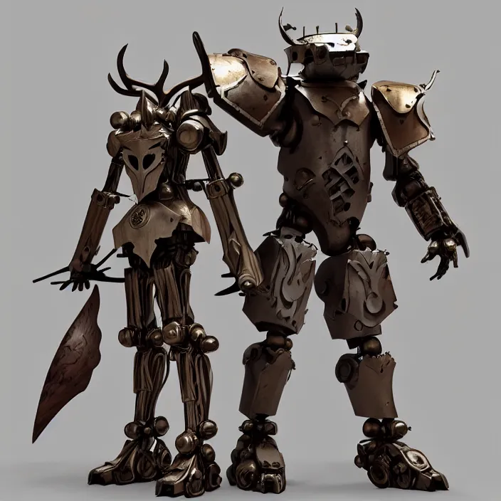 Prompt: warforged druid male anime character, wolf armor, wooden antlers, made of wood, made of metal, large robot, wolves, knight, medieval castle, wolf pack following, 3 d render beeple, realistic detailed octane render, pop up parade figure