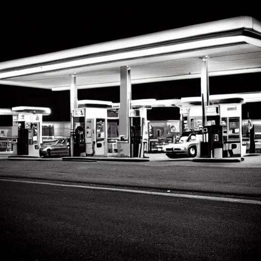 Image similar to it's night, the city is quiet, a car is parked at the last gas station at the edge of town, in the darkness eyes watch us, cinestill